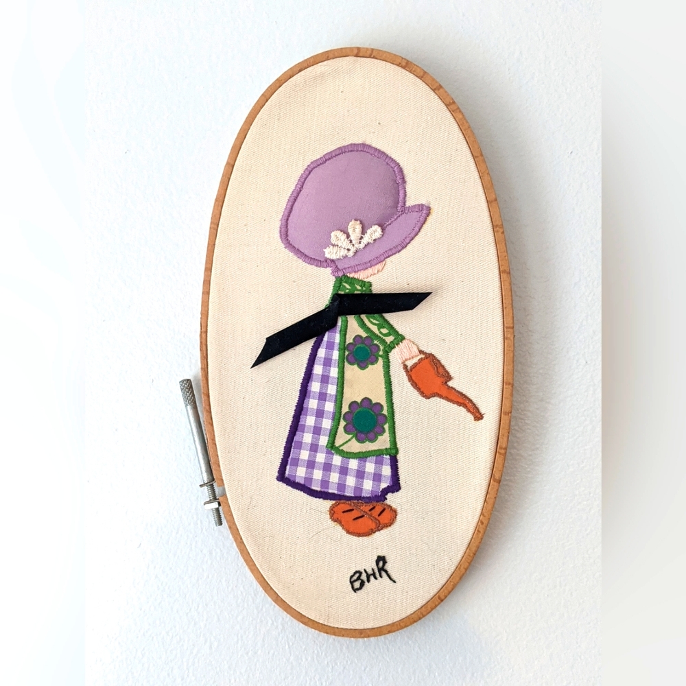 Vintage 70s Holly Hobbie Appliqué Embroidery Hoop Art Handmade